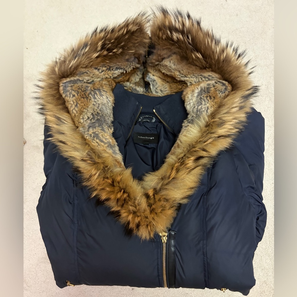 Mackage Dark Blue Puffer Coat with Brown Fur Trim - Picture 8 of 11